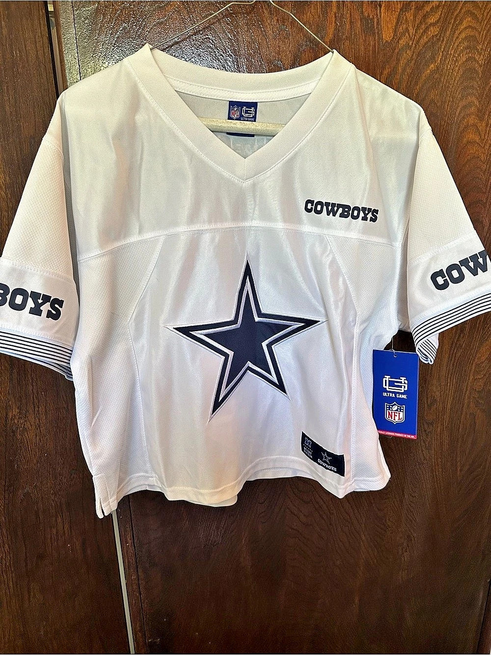 NFL Dallas Cowboys Ultra Game Jersey Women’s White & Blue Size Large Crop NWT